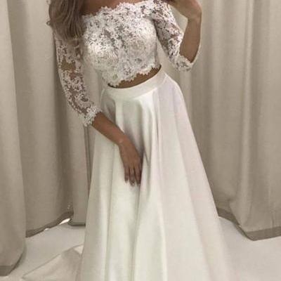 Two Piece Off-the-Shoulder 3/4 Sleeves White Prom Dress With Lace M1216