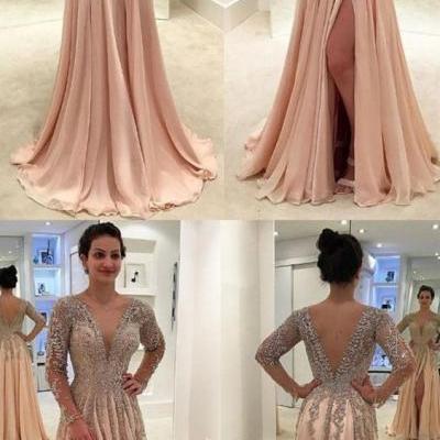A-Line Deep V-Neck Floor-Length Light Champagne Chiffon Prom Dress with Appliques Beading M1253