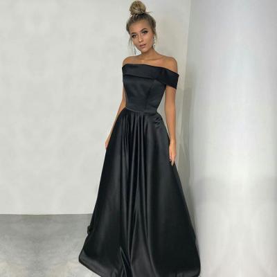 Simple A Line Off Shoulder Long Black Satin Evening/Prom Dresses M1469