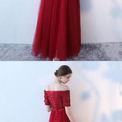 Burgundy tulle off shoulder long prom dress, burgundy eveninng dress M1652