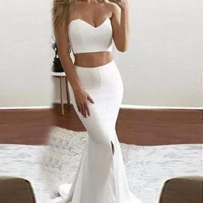 Fashion Two Piece Mermaid Sweetheart Split Front White Long Prom Dress M1944