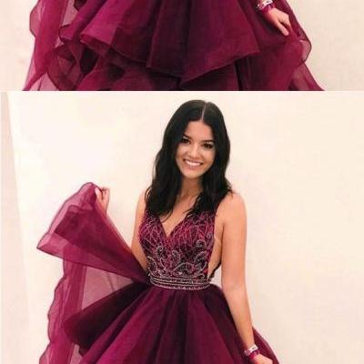 Fashion Prom Dresses | Cute V neck burgundy tulle sequins prom dress M2292