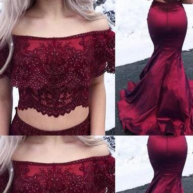 Two Piece Off-the-Shoulder Sweep Train Dark Red Prom Dress with Appliques Beading M2420