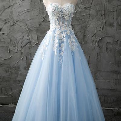 Sweetheart blue tulle long customize evening dress with appliques M2800