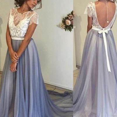 Sweep/Brush Prom Dresses, Blue Sweep/Brush Prom Dresses, Sweep/Brush Long Prom Dresses, A-line Long Blue Open Back Lace Tulle Simple Cheap Beautiful Prom Dresses M2874