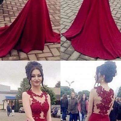 Tulle Silk-like Satin Scoop Neck Trumpet/Mermaid Sweep Train Appliques Lace Prom Dresses M3056