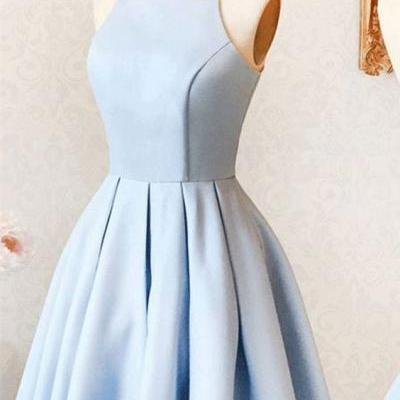A-line Prom Dresses, Light Blue Evening Dresses, Short Evening Dresses With Pleated Sleeveless Straps M3063