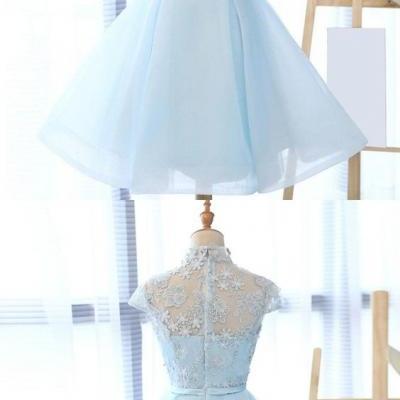 A-line High Neck Blue Tulle Homecoming Dress with Sash Appliques M3475