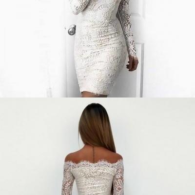  Off-the-Shoulder Long Sleeves White Lace Prom Homecoming Dress M3567