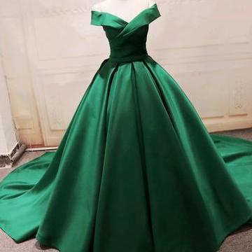 Long Green Satin V-neck Ball Gowns Prom Dresses Off The Shoulder M3991