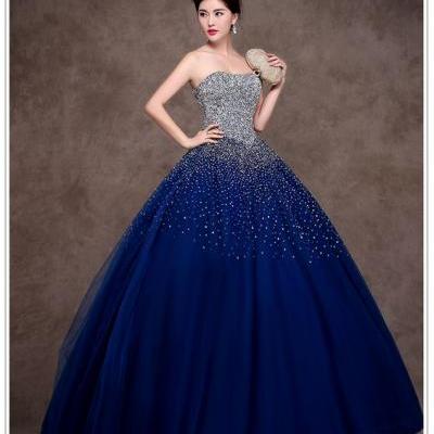 Blue sweetheart sequin tulle long prom dress, blue evening dress M5653