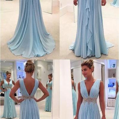 New arrival Light Blue Chiffon Prom Dresses Deep V Neck Evening Gowns , Long Prom Dress With Beaded Waist,Women Party Gowns M5938