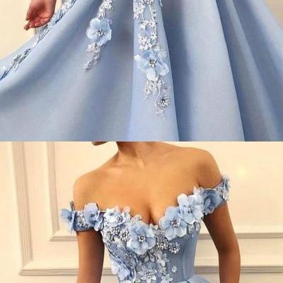 Blue off shoulder tulle lace long prom dress, blue lace evening dress M6152