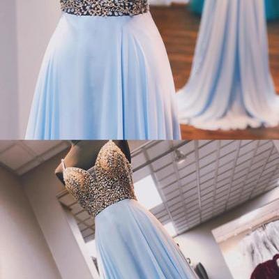 Princess Beaded Blue Chiffon Long Prom Dress M6411