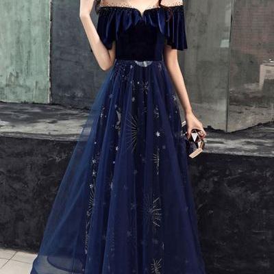 Dark blue tulle lace long prom dress, blue evening dress M7315