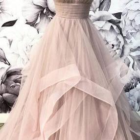 V-Neck Grey Tulle A-line Long Evening Prom Dresses, Cheap Party Custom Prom Dresses M7931