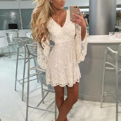 Custom Made Substantial Party Dress Lace A-Line V-Neck Open Back Bell Sleeves Short White Lace Homecoming Dress With Beading M8086