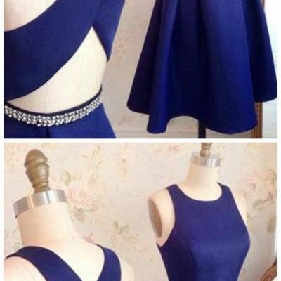 Navy Blue Criss Cross Back Short Prom Dress, Elegant Satin Party Gown M8956