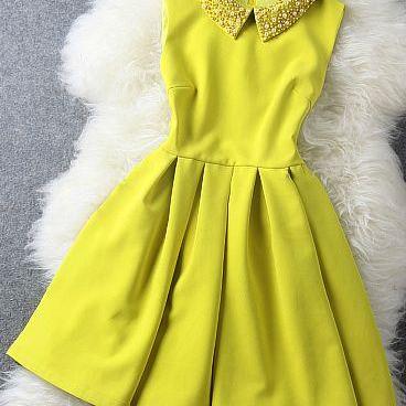 Yellow Dress with Pearl Beaded Collar m123