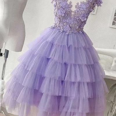 A-line Applique Lilac Tulle Short Homecoming Dress With Layered m891
