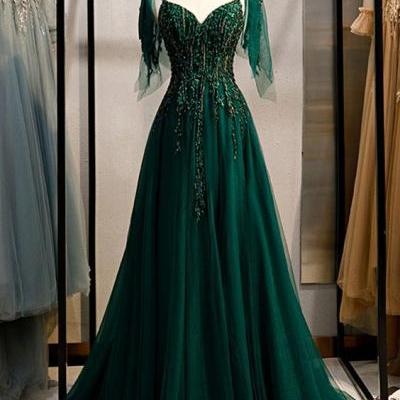Dark Green Flowy Tulle Prom Dress With Train Appliques m947