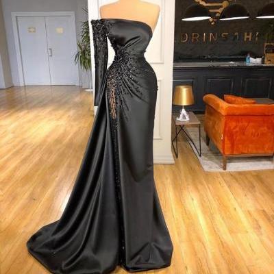 Black Split Side Mermaid Satin Evening Party Prom Dress Pageant Celebrity Gown m957