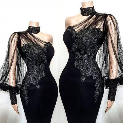 One shoulder black long prom dress , lace prom dress m1466
