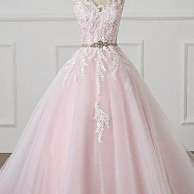 Light Pink Scoop Neck Lace Applique Formal Prom Dress, Beaded Wedding Dress m1996