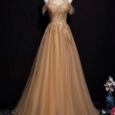 Charming Champagne Tulle Halter Long Party Gown, Prom Dress m2296