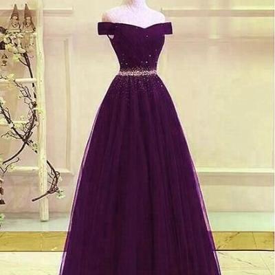 Beautiful Dark Purple Beaded Tulle Prom Gown, Off Shoulder Prom Dress m2348