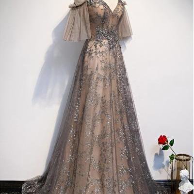 Unique Long Tulle Lace V Neck Spaghetti Straps Prom Dress With Sleeve m2599