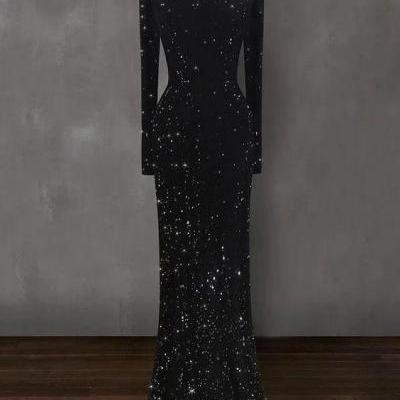 Elegant Black Round Neck Long Sleeves Evening Dress, Mermaid Formal Gown m2779