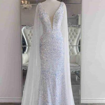 glitter plunging neck white prom dress sequined long evening dress m2853