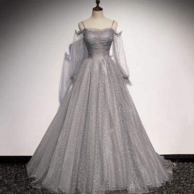 Gray tulle sequins long A line prom dress evening dress m2890