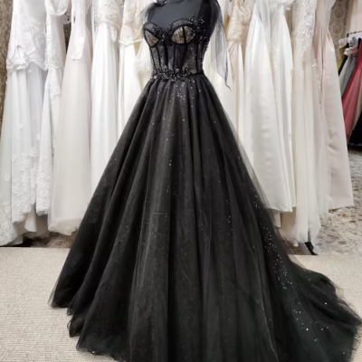 Tulle Black Party Dress, Prom Evening Dress, Off Shoulder Gown, Prom Dress, A-Line Party Dress m3209