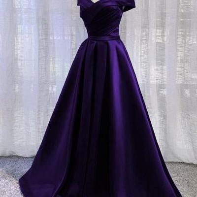 Simple Off Shoulder Satin Long Prom Dress, Dark Purple Party Dress Evening Gown m3678