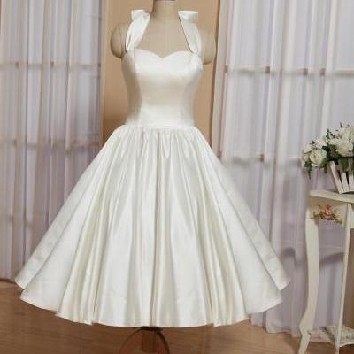 Halter neck prom dress, white homecoming dress, satin party dress, formal dress cute mini dress,custom made m3924