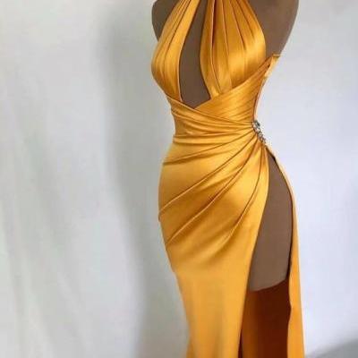 unique sexy prom dress yellow evening dress