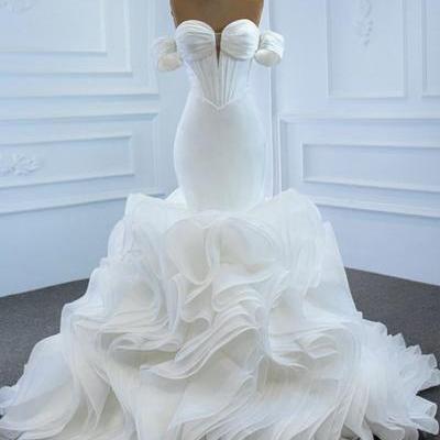 White Mermaid Satin Organza Sweetheart Pleats Wedding Dress