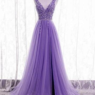 Purple Beaded V-neckline Tulle Sparkle Party Dress Evening Dress, Purple Tulle Prom Dress