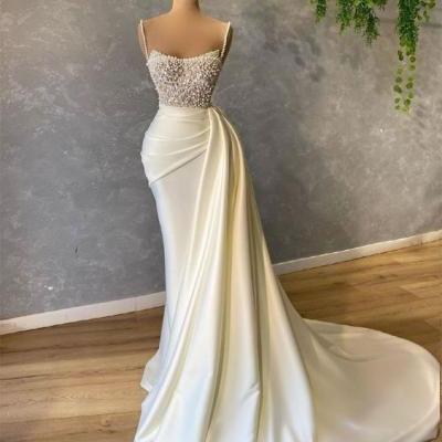 Women ivory Evening Dresses Long satin Beaded Formal Gowns