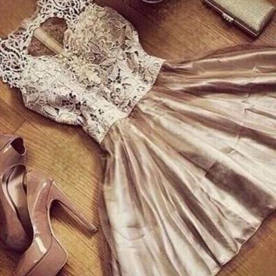 homecoming dresses,champagne round neck lace tulle short prom dress, cute homecoming dress