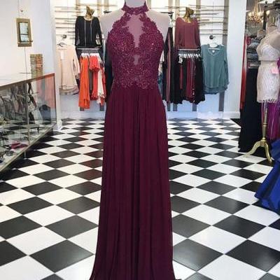 2017 New Arrival burgundy maroon hight neck lace long prom dress, maroon evening dress