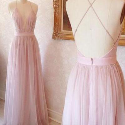 New Arrival pink v neck tulle long prom dress, evening dress