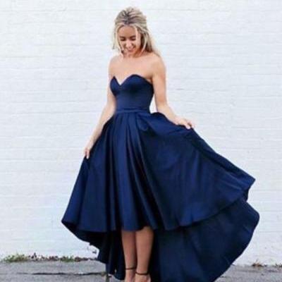 New Arrival simple dark navy blue high-low prom dress, evening dress