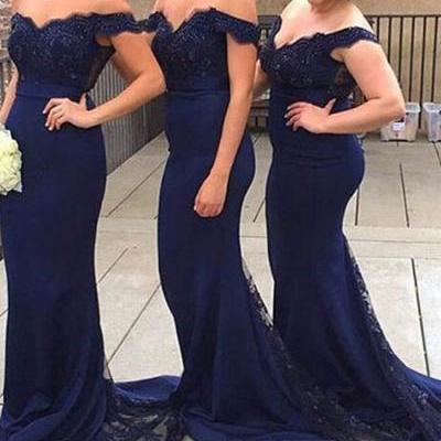 bridesmaid dress,dark blue off shoulder lace mermaid long prom dress,navy blue bridesmaid dress