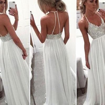 prom dresses,custom made white a-line backless long prom dresses, formal dress