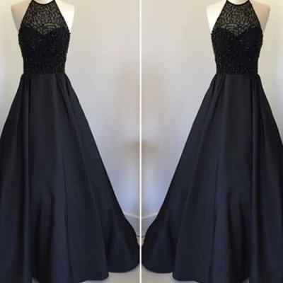 prom dresses,New Arrival black round neck satin long prom dress, black evening dress