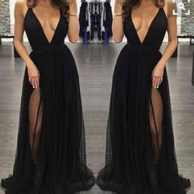 prom dresses,New Arrival simple v neck chiffon long prom dress, black evening dress