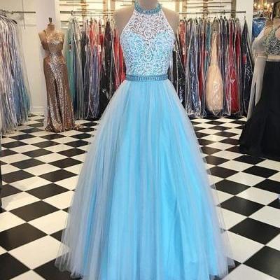 prom dresses,blue high neck lace tulle long prom dress, blue evening dress